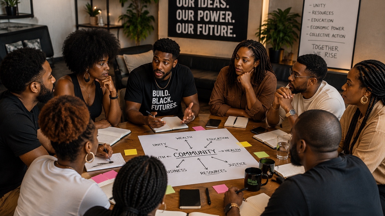 B1aQK community members gathered around a table discussing ideas, power, and future